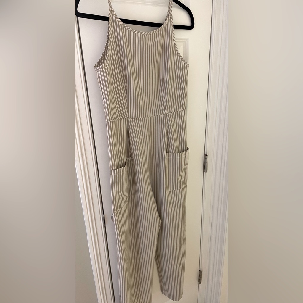 Roolee Spaghetti Strap Tan/White Striped Jumpsuit, Size Small